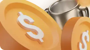 Image featuring large gold coins with dollar signs and a silver trophy in the background, representing the crypto deposit bonus at Money X Casino.